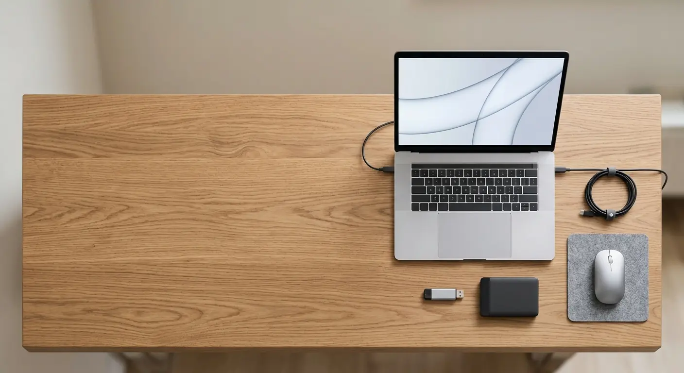 A laptop, charger, USB stick, external drive and mouse laid out on a wooden desk