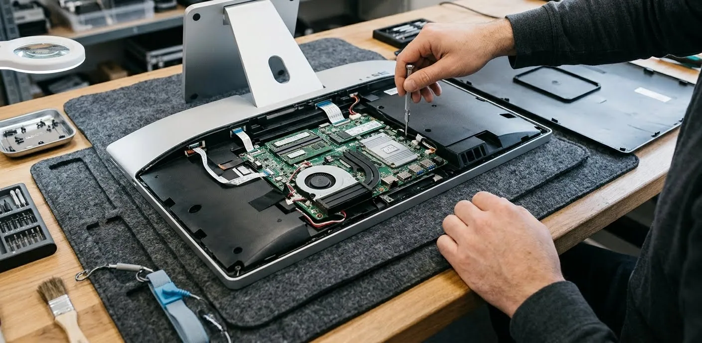 Hands removing a screw inside an all-in-one computer lying face down on a felt mat, its back cover off