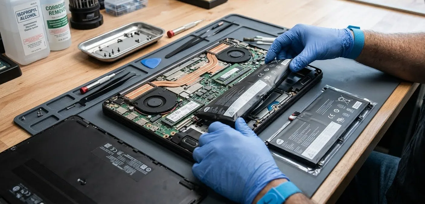 Gloved hands lifting the old battery out of an opened laptop, the new battery in its sleeve beside it