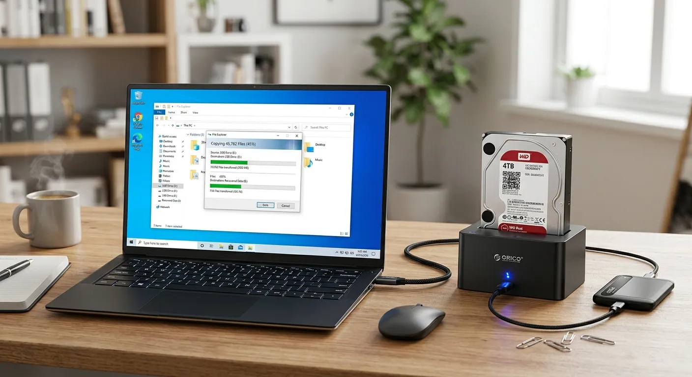 A hard drive in a USB dock connected to a laptop that is copying files