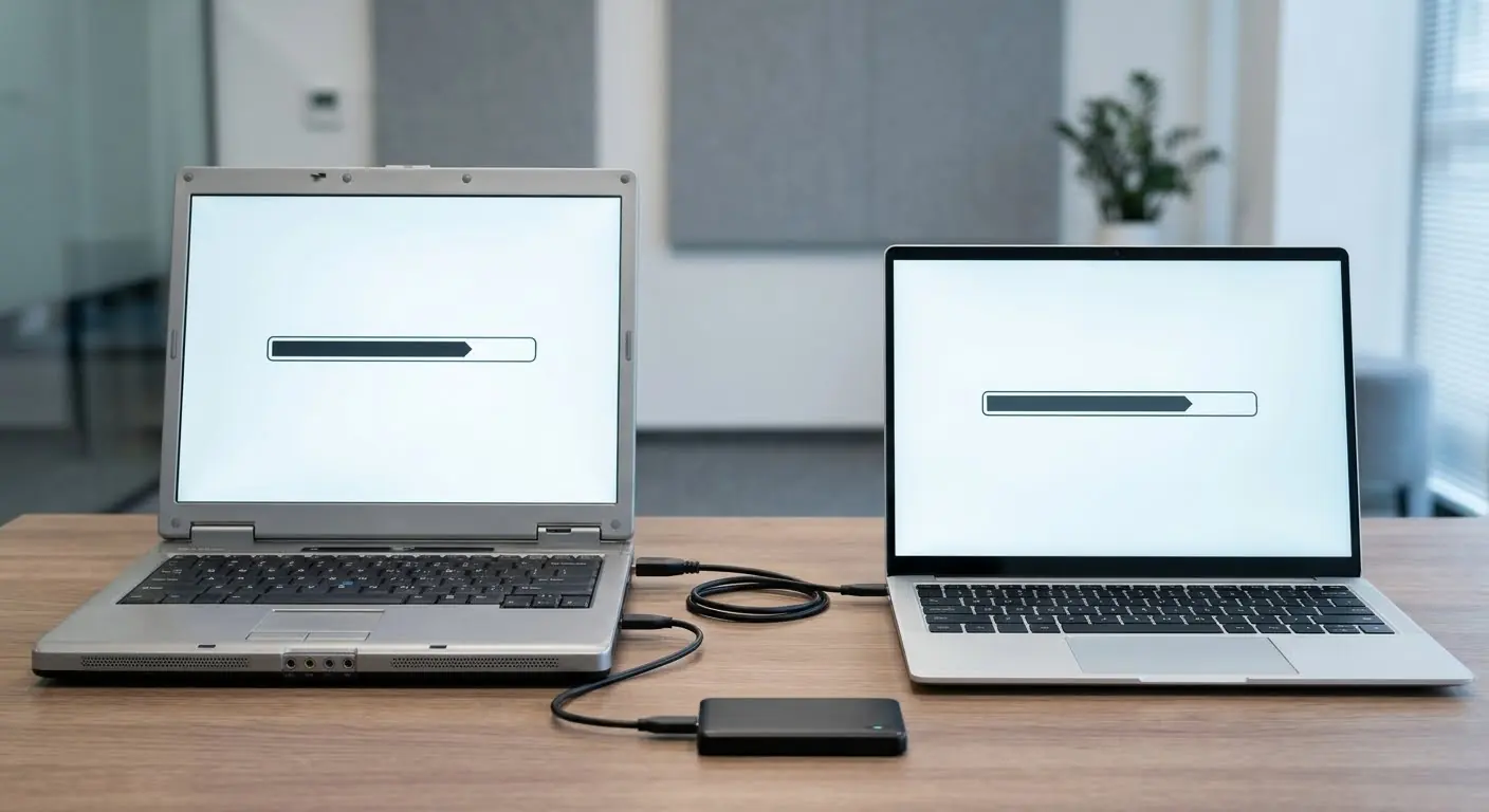 An old laptop and a new laptop joined by a cable, both showing a progress bar, with a backup drive in front
