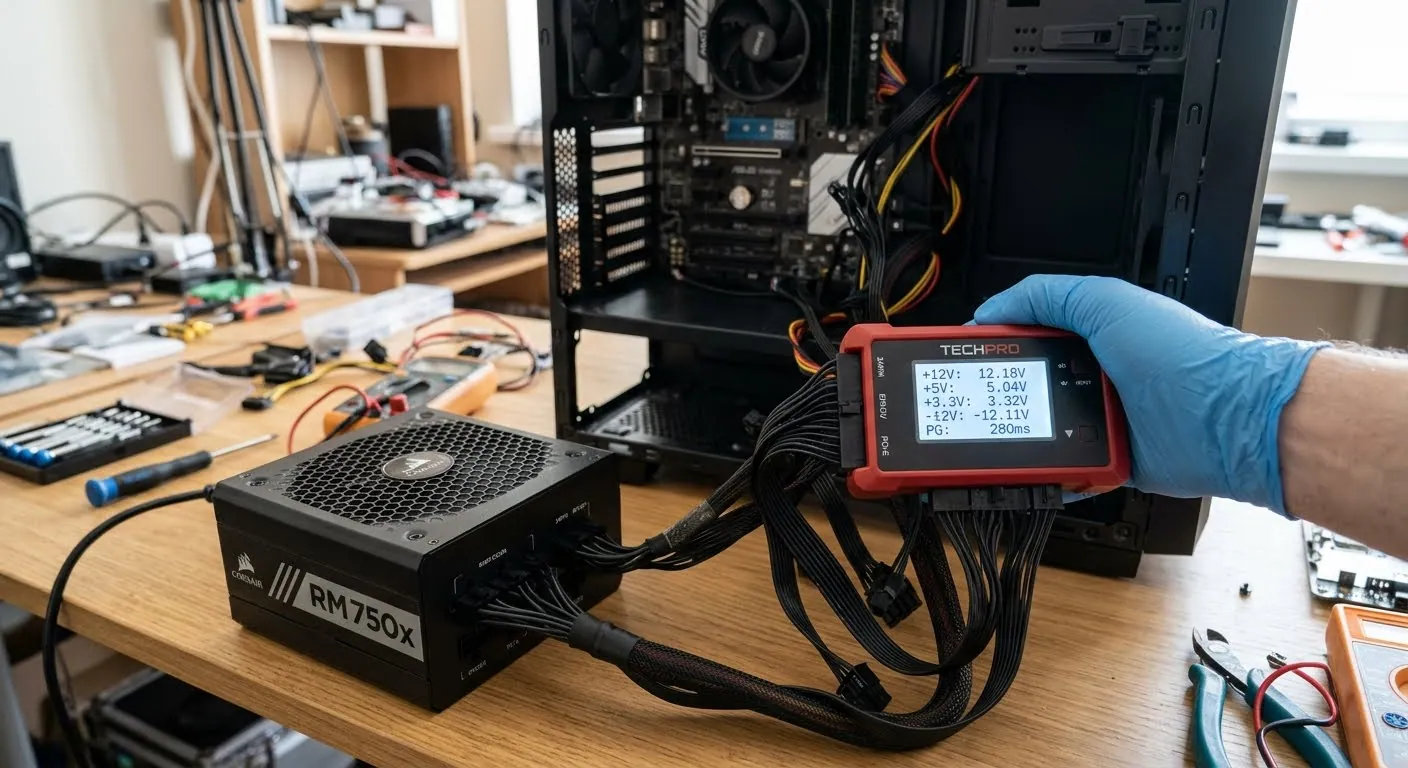 A gloved hand holding a tester plugged into a desktop power supply's cables, the open tower behind