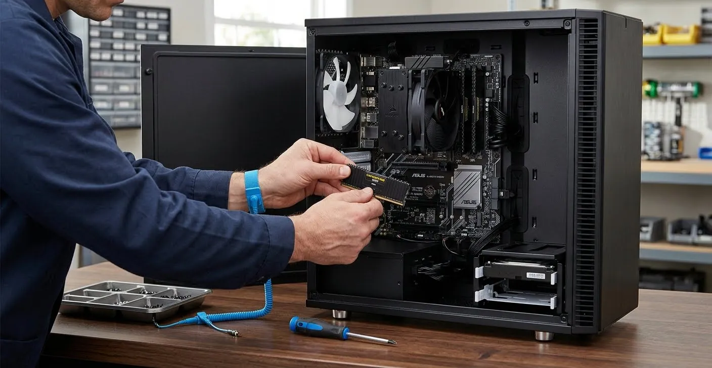 Hands fitting a memory stick into an open desktop tower, a screwdriver and an anti-static wrist strap on the desk