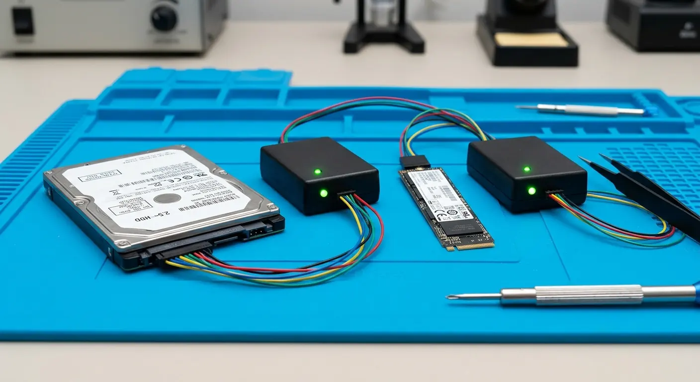 A hard drive and an M.2 SSD on a blue repair mat, each wired to a tester with a green light