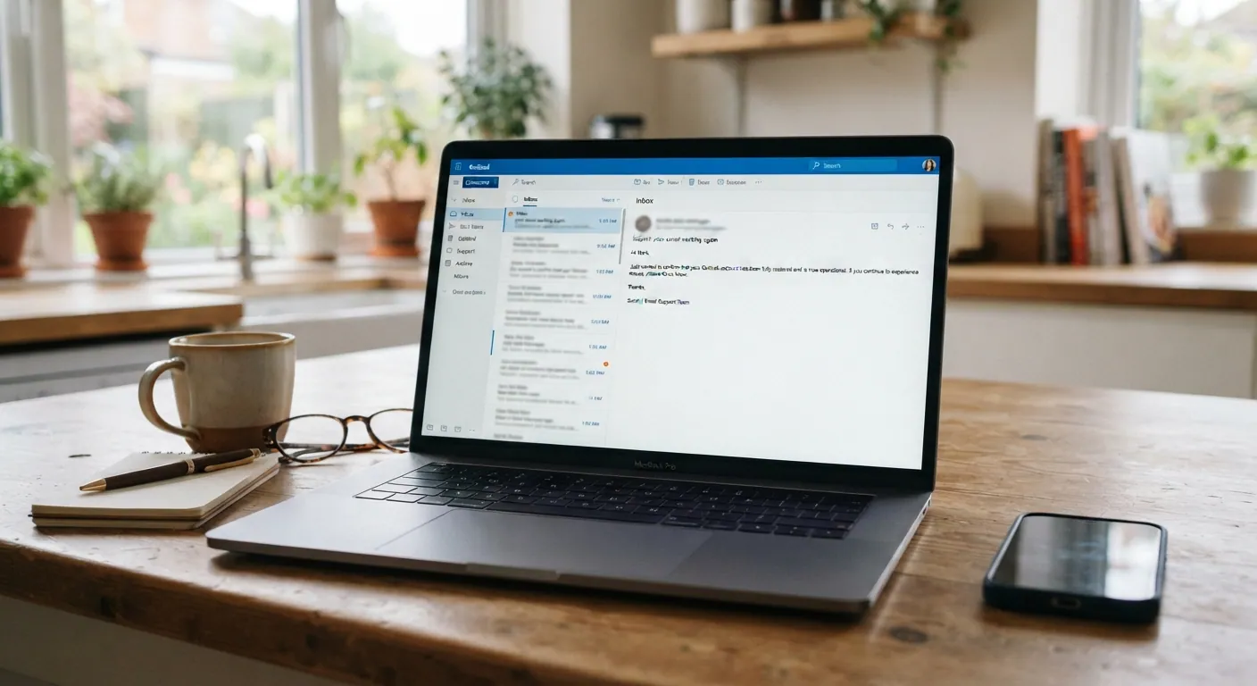 A laptop on a kitchen table with an email inbox open, a coffee mug, glasses and a phone beside it