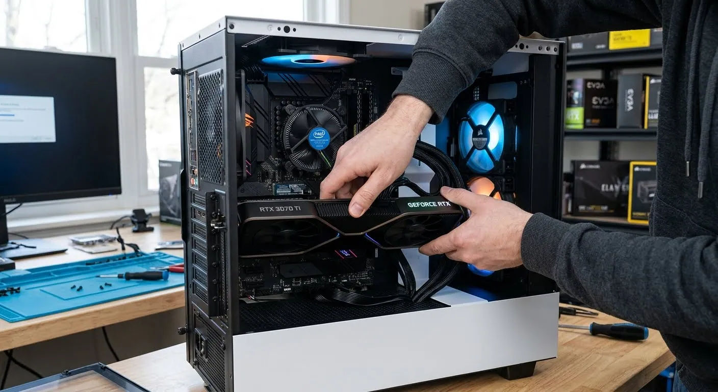 Hands fitting a graphics card into an open desktop tower