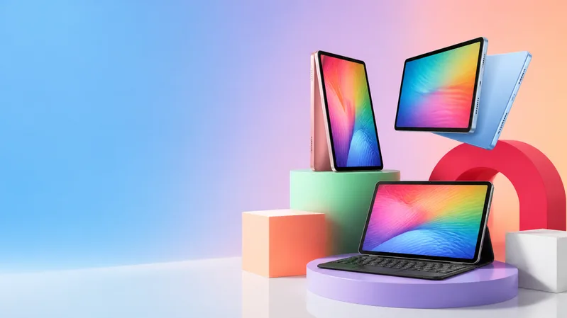 Three iPads, one with a keyboard case, on coloured display stands