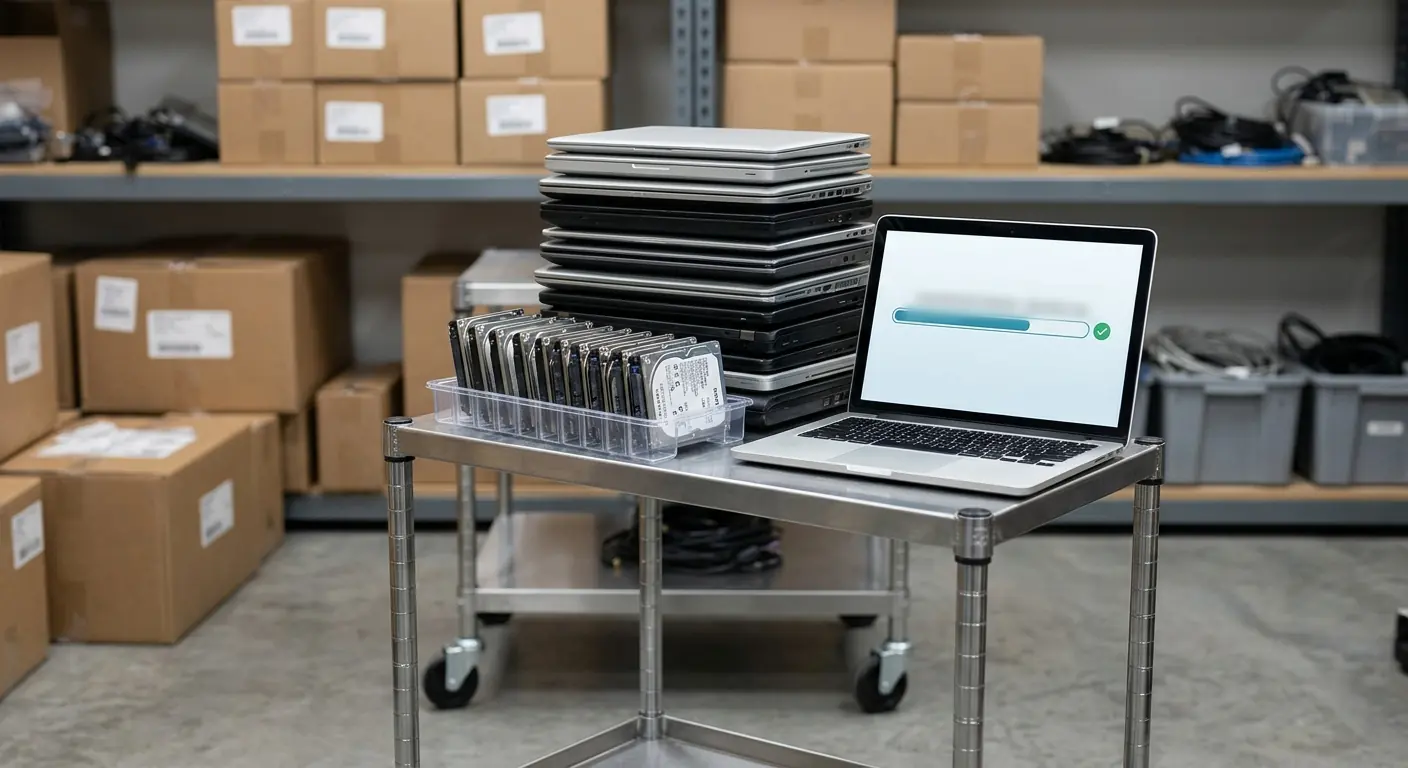 Retired laptops stacked on a cart with their drives in a tray, a laptop beside them showing a wipe in progress