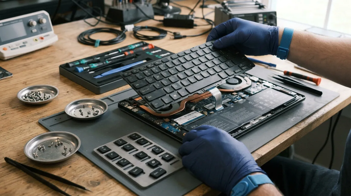 Gloved hands lifting the keyboard out of an opened laptop on a repair mat, with screws in small trays beside it