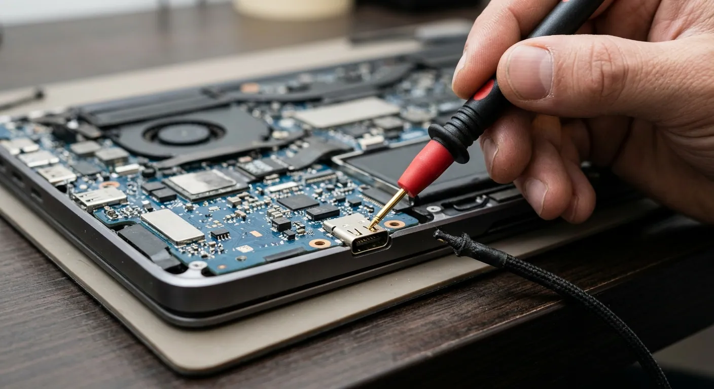 A meter probe testing the USB-C charging port on an opened laptop's board