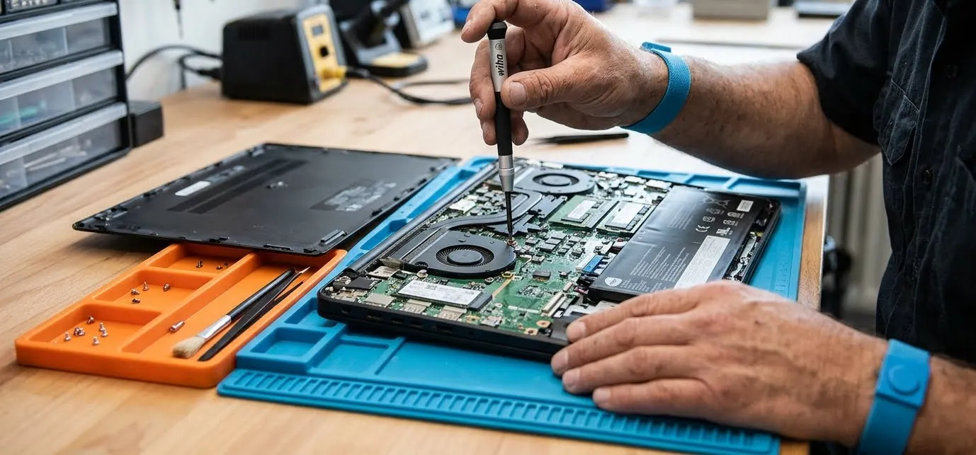 Hands unscrewing a part inside an opened laptop on a blue repair mat, its bottom cover and screws in a tray beside it