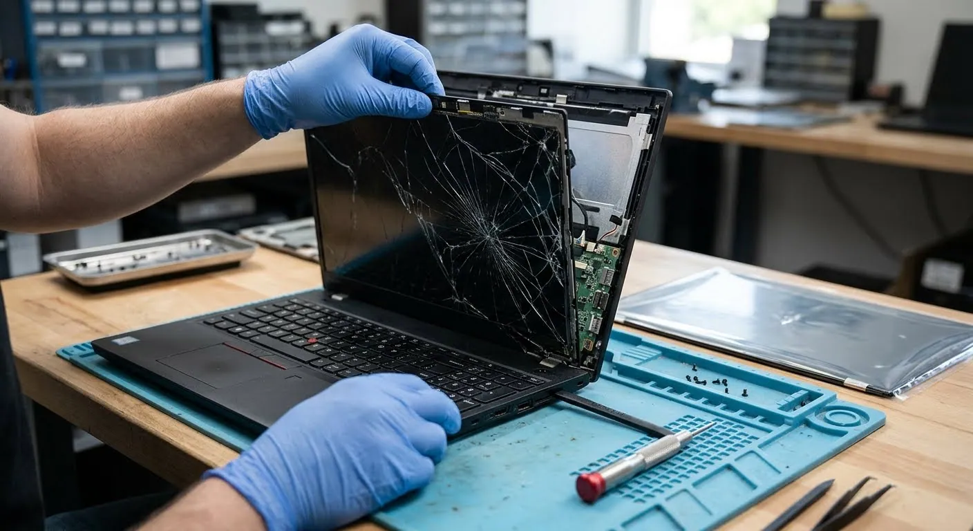 Gloved hands lifting a cracked screen out of a laptop on a repair mat, with the new screen in its sleeve beside it