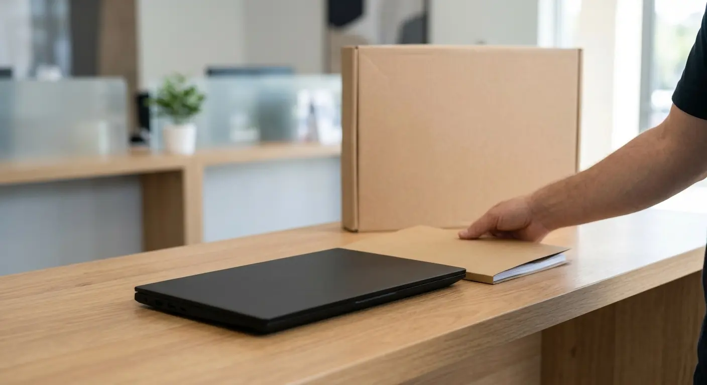 A hand sliding a folder of papers beside a new black laptop and its box on a service counter