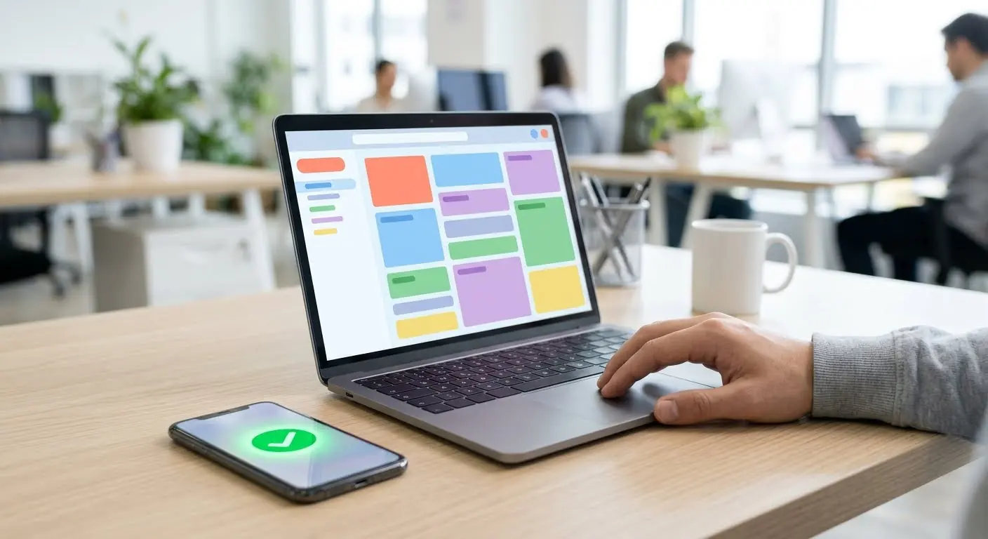 A laptop on an office desk with an email and calendar layout on screen, a phone beside it showing a green tick