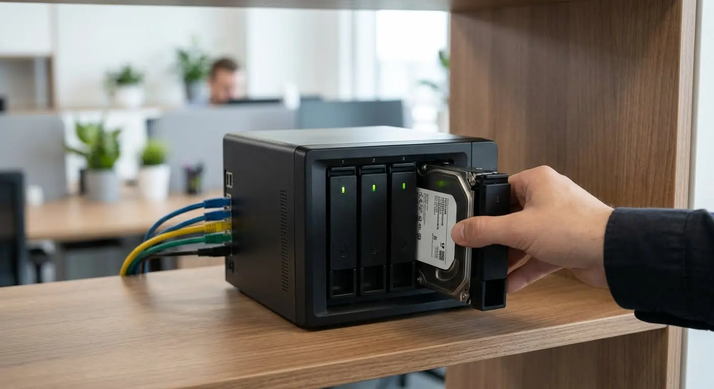 A hand sliding a hard drive into a four-bay network storage box on an office shelf