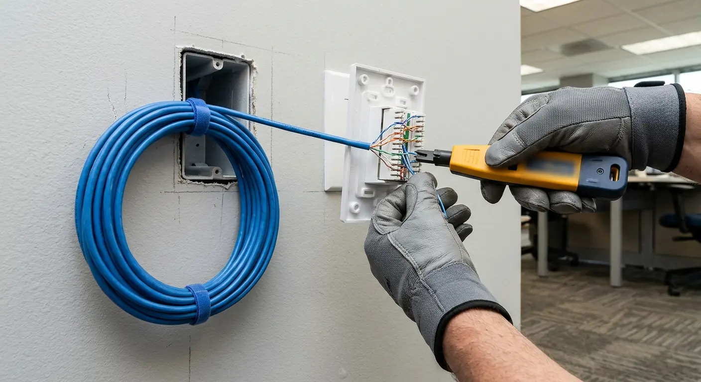 Gloved hands fitting a blue network cable into an office wall jack with a punch-down tool
