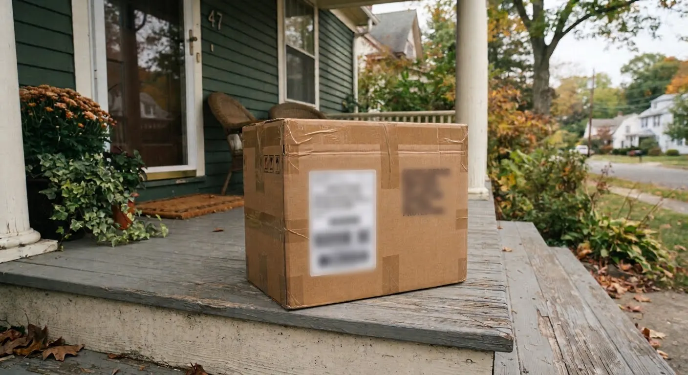 A sealed shipping box waiting on a front-porch step on an autumn day