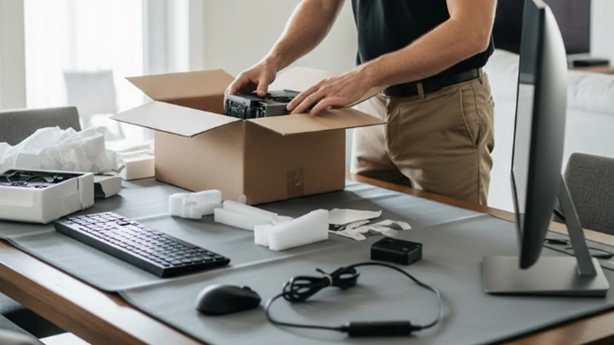 Hands unpacking new computer equipment at a home desk, a keyboard, mouse and monitor ready beside it