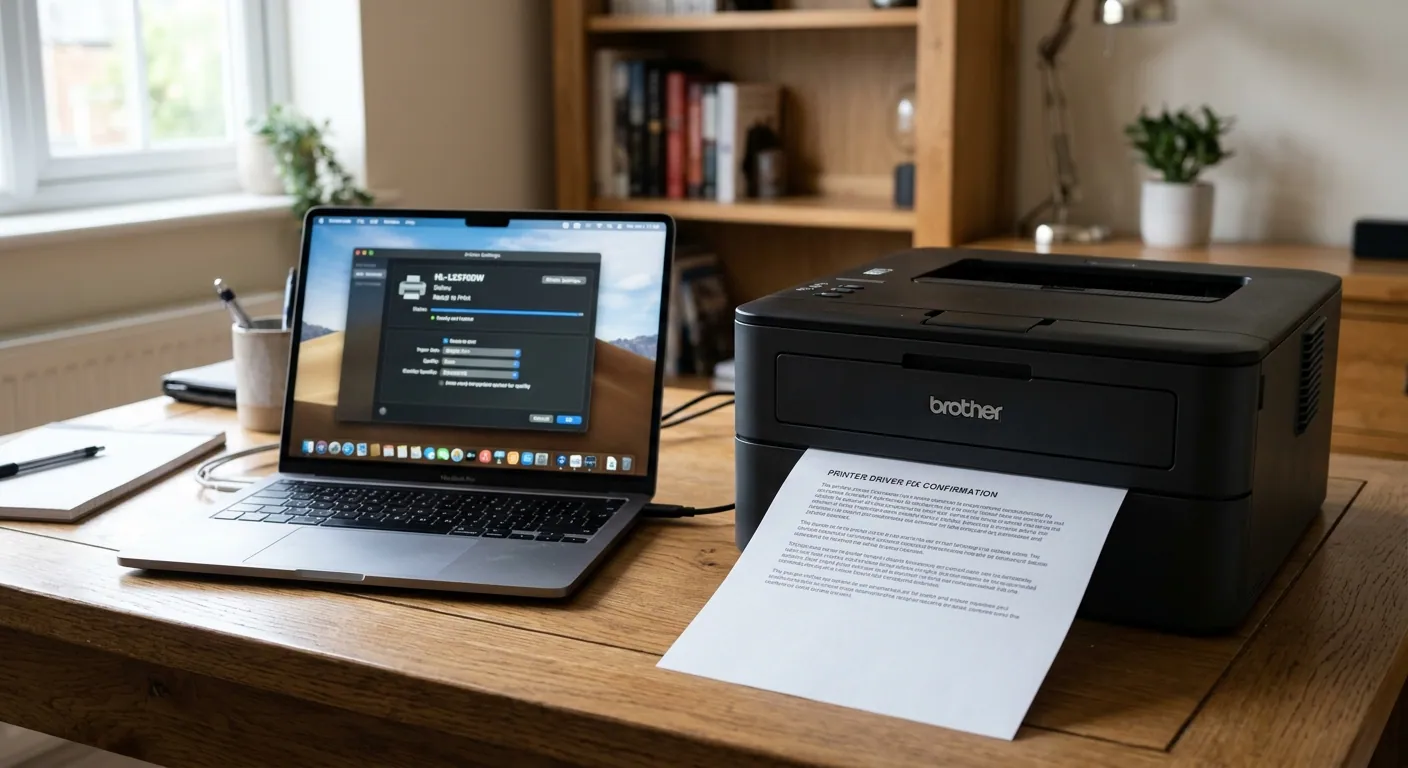 A printer on a home-office desk printing a page, beside a laptop showing its printer settings