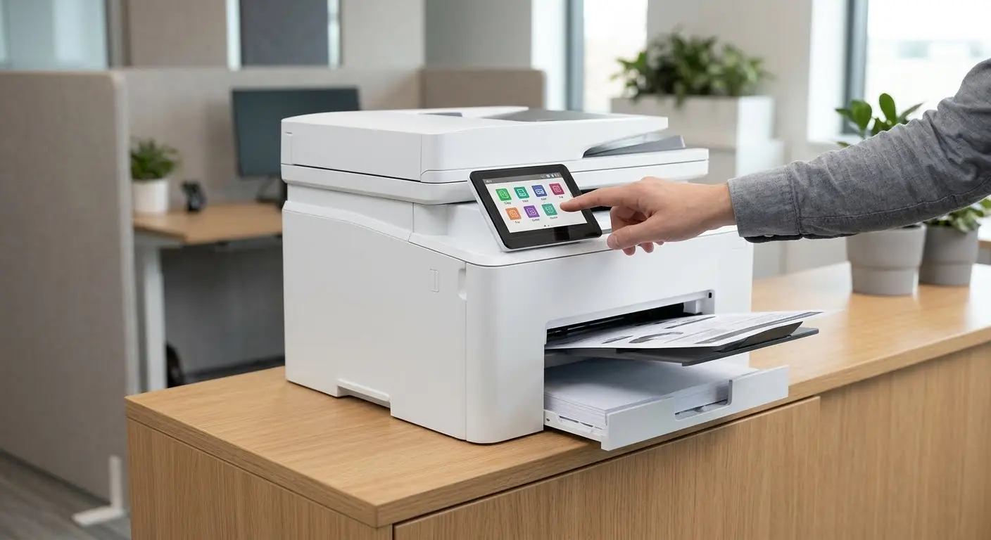 A hand setting up an office printer from its touchscreen, a printed page in its tray