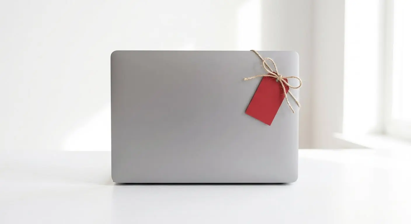 A laptop with a red gift tag tied to its lid
