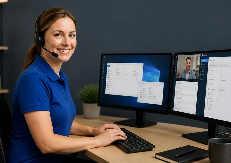 A support technician wearing a headset at a desk with two screens, one showing a customer on a video call