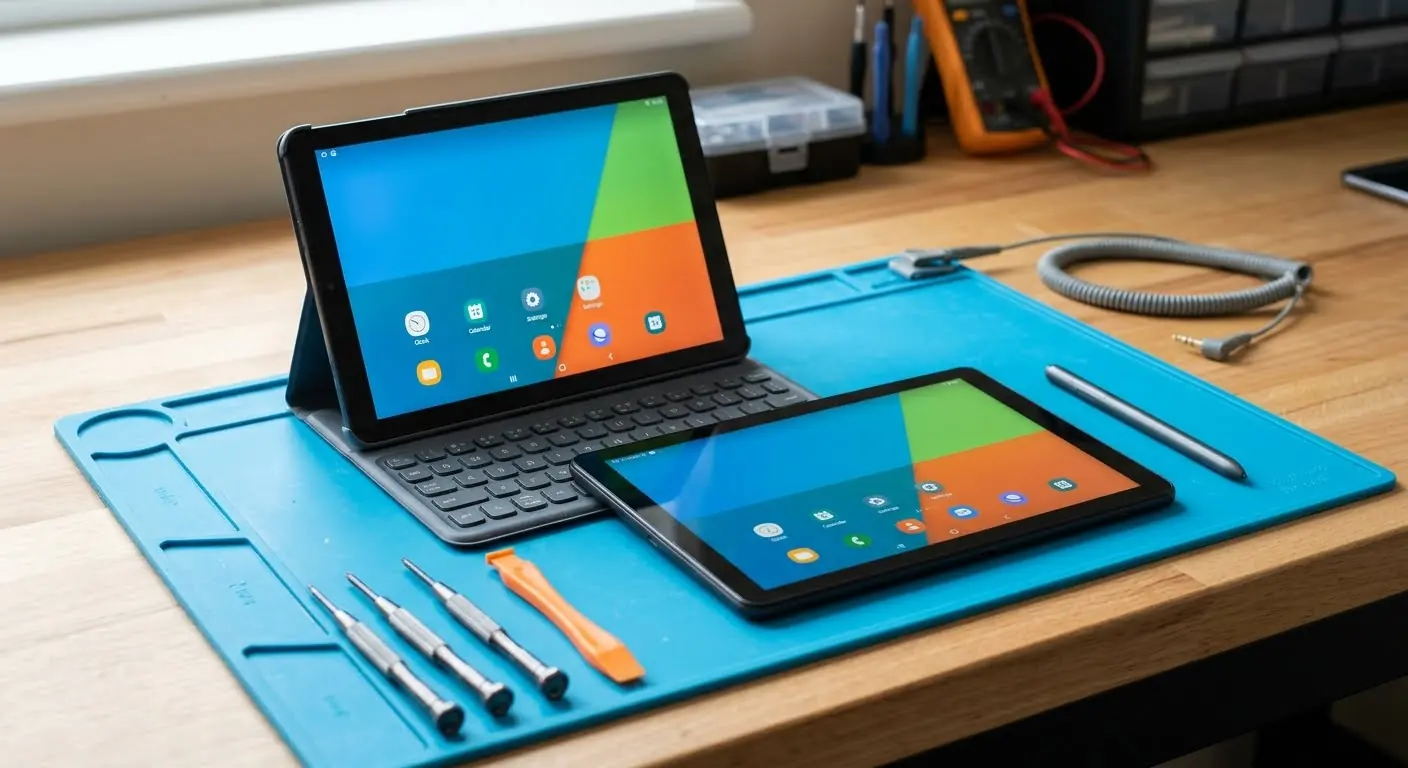 Two Android tablets on a blue repair mat, one in a keyboard cover, with a stylus and small screwdrivers beside them
