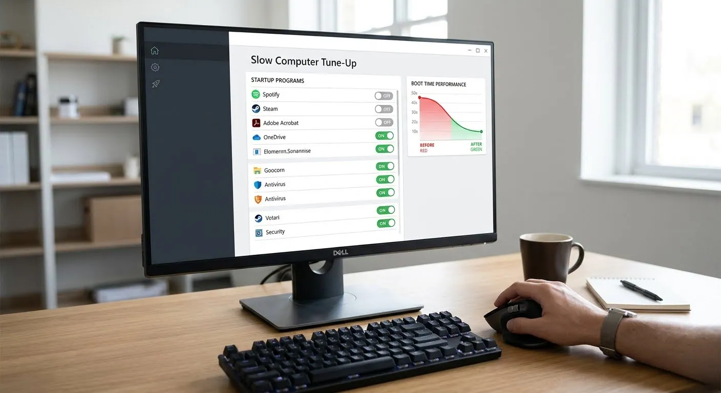 A desktop monitor showing a list of startup programs, some switched off, beside a graph of start-up time falling