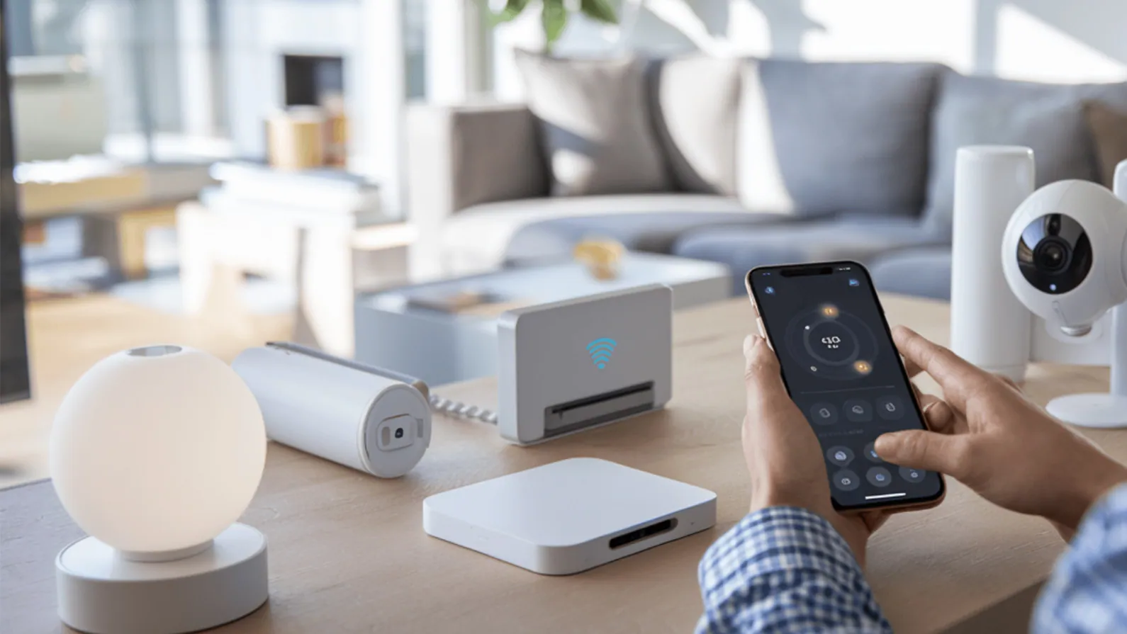 Hands using a phone app to set up smart-home devices, a camera, a hub and a lamp, on a living-room table