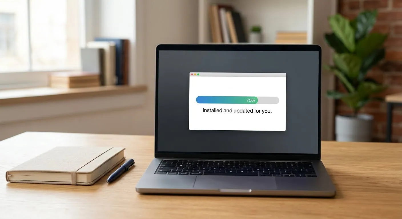 A laptop on a desk showing an install window with its progress bar three-quarters full