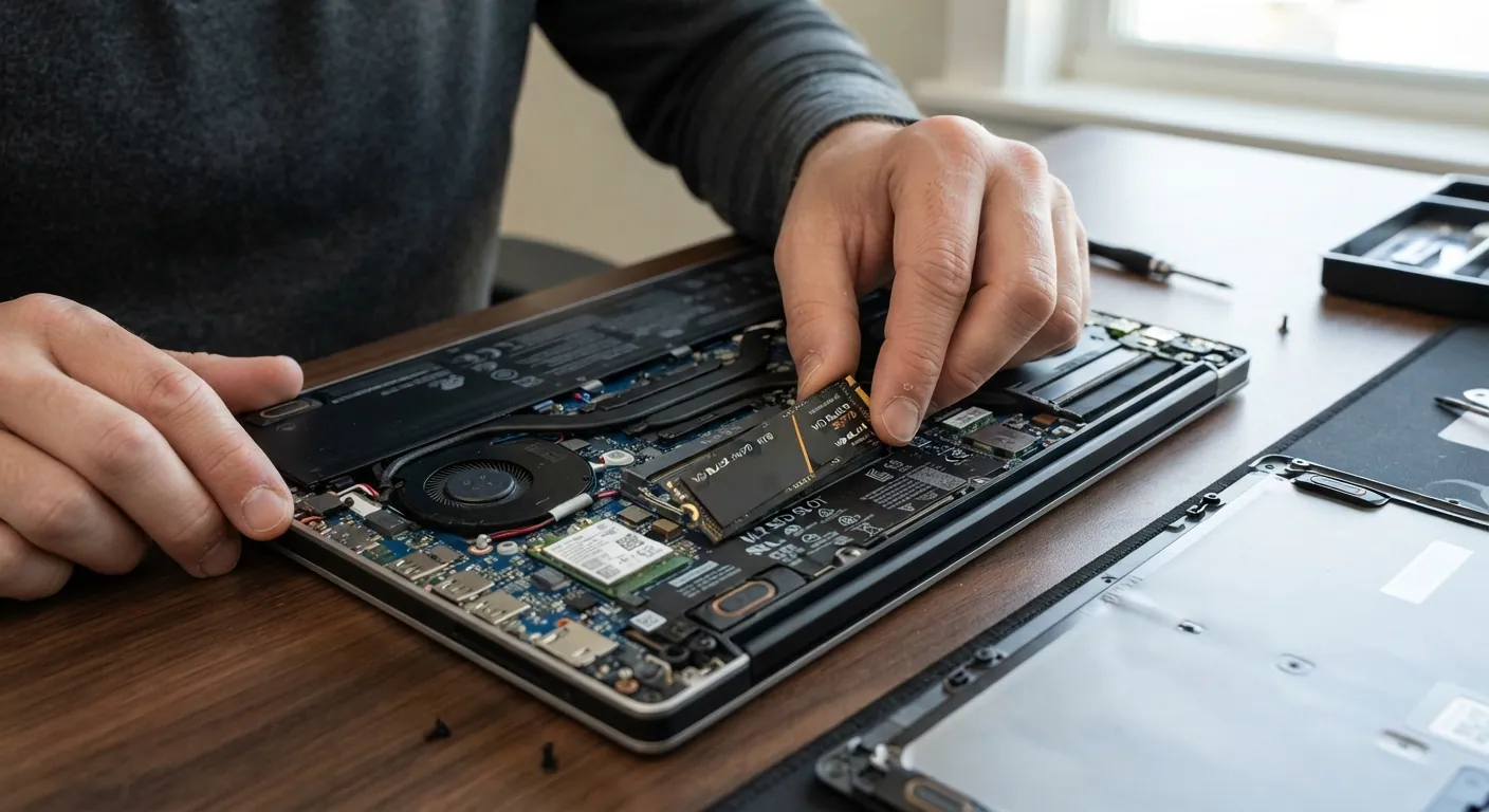 Fingers pressing an M.2 SSD into its slot inside an opened laptop