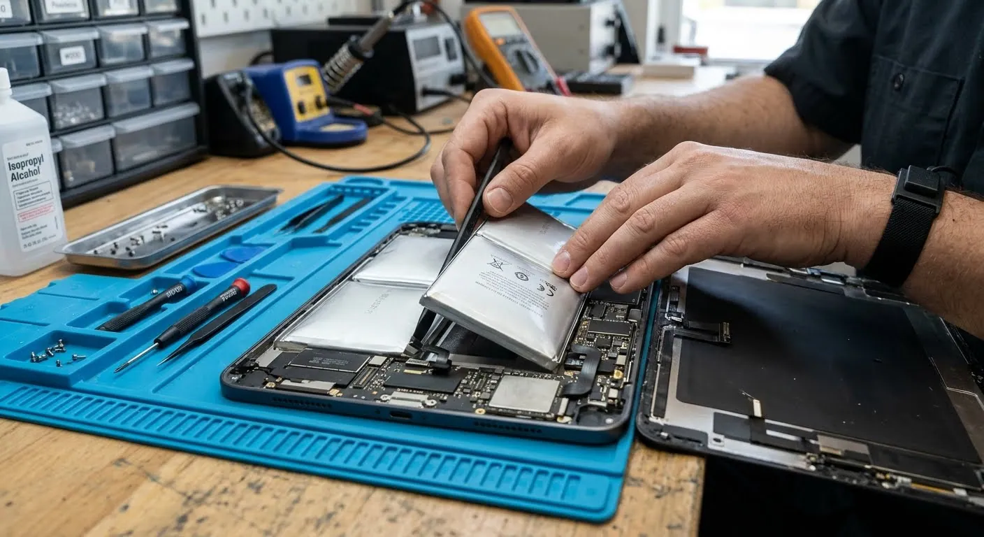 Hands lifting the battery out of an opened tablet with a pry tool, on a blue repair mat