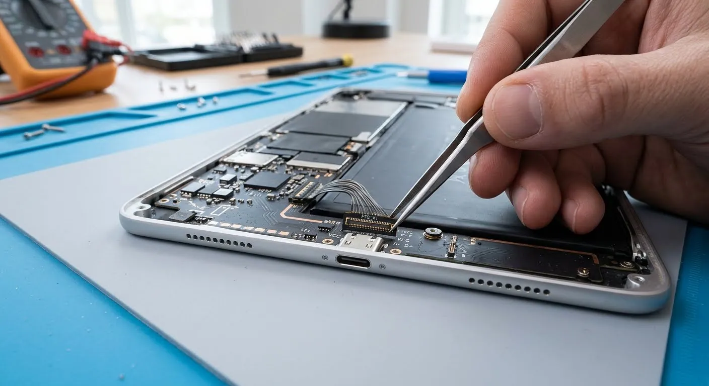 Tweezers at the charging port's connector inside an opened tablet