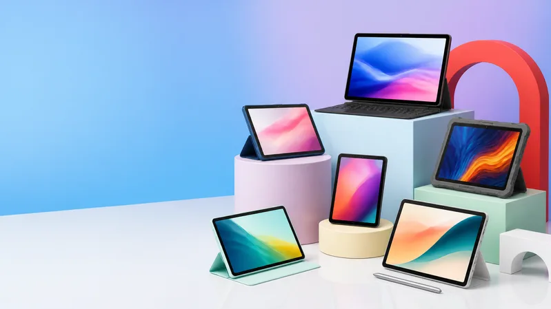 Seven tablets of different makes, some in keyboard and stand cases, on coloured display stands