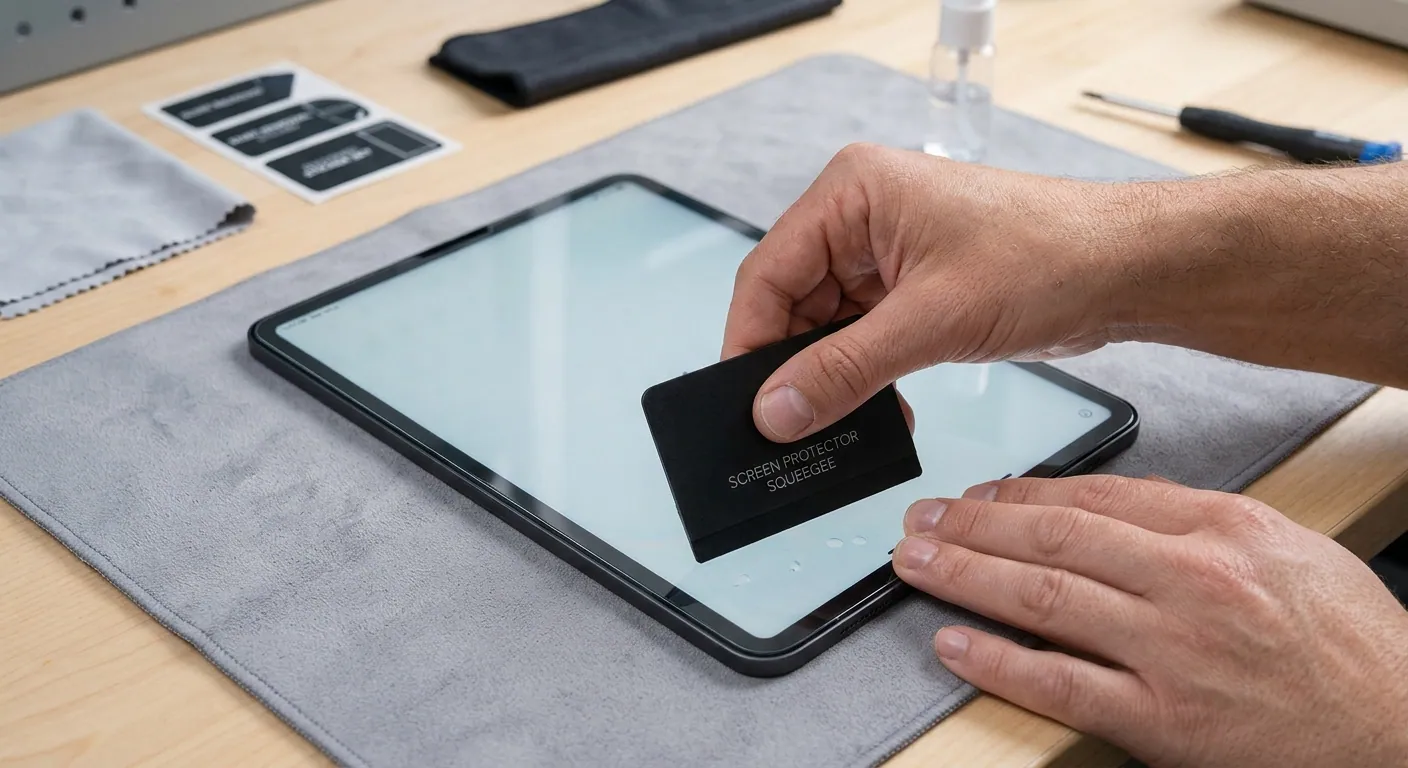 Hands smoothing a screen protector onto a tablet with a squeegee card