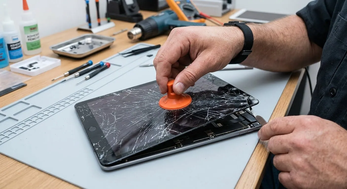 A suction cup lifting the cracked glass of a tablet on a repair mat