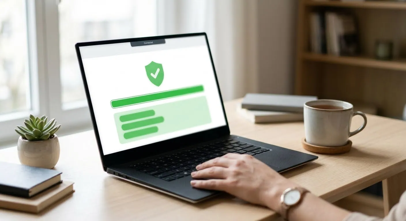 A laptop on a home desk showing a finished security scan with a green shield and tick, a hand on its trackpad