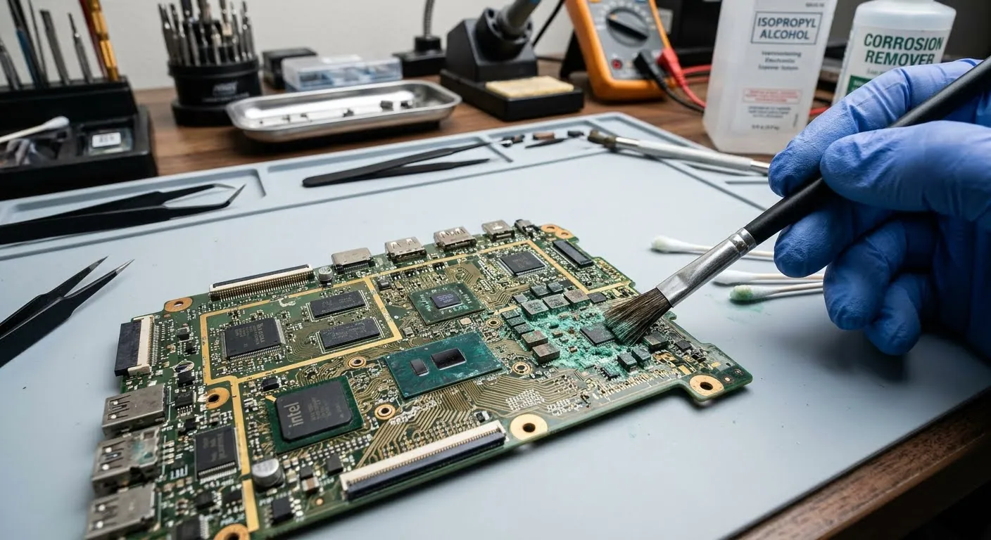 A gloved hand brushing green liquid corrosion off a laptop's board on a repair mat